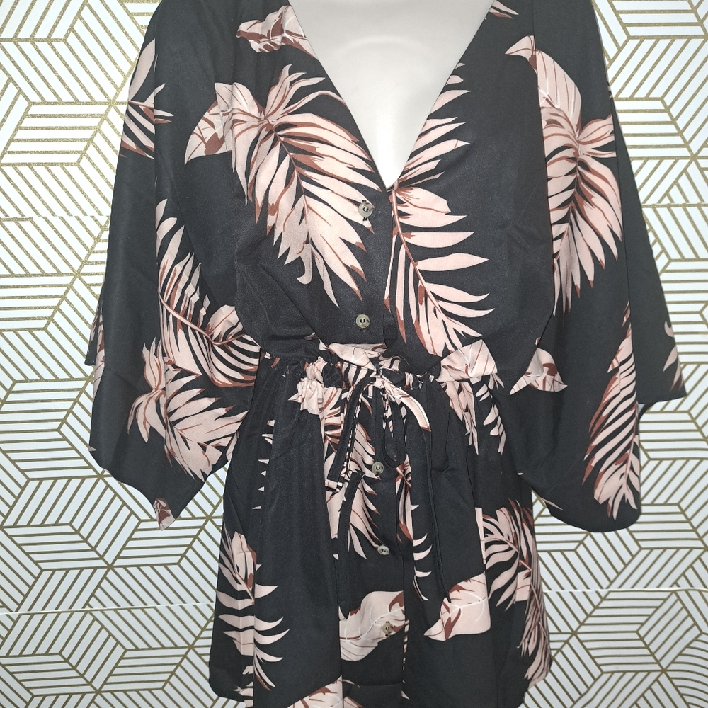 Black Boho Geometric Print Button Drawstring Batw… - image 4